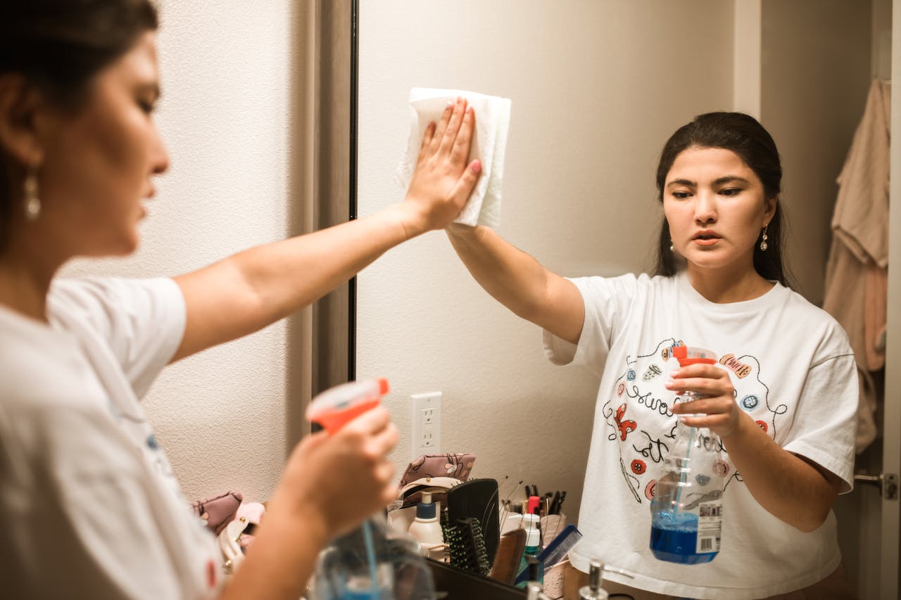 services-04 An adult woman cleaning a bathroom mirror with a spray bottle and cloth, focused on hygiene.